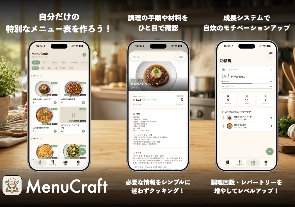 MenuCraftのメニュー一覧、レシピ詳細、熟練度画面を紹介する画像